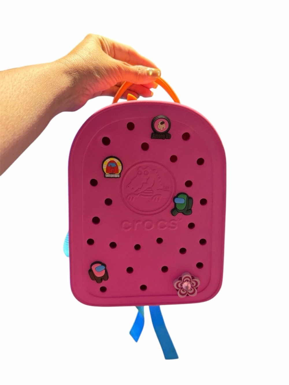 CROCS Pink Kids Backpack with Orange Handle and Blue Straps